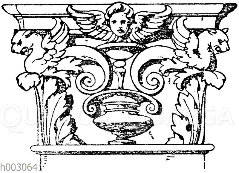 Korinthisches Pilasterkapitell. Ital. Renaissance. Kapelle des Palazzo vecchio in Florenz. In Holz geschnitzt. (Musterornamente)