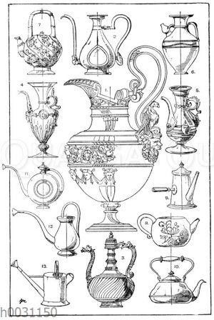 1. Metallprunkkanne. Italienische Renaissance. Handzeichnung von Polidoro Caravaggio in den Uffizien in Florenz. 2. Emaillierte Metallkanne. Japanisch. Louvre in Paris. (L'art pour tous). Die reiche Ornamentation ist weggelassen. 3. Arabische Metallkanne. 16. Jahrhundert. Museum Cluny