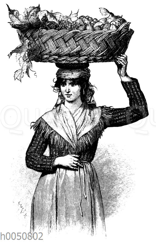 Slawisches Mädchen aus Görz trägt Früchte in einem Korb auf dem Kopf