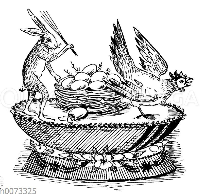 Osterhase auf einer Torte treibt Huhn vom Nest