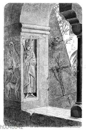 Steinbildnis Friedrich Barbarossas am Eckstein eines Fensters im Kreuzgang des Klosters S. Zeno bei Reichenhall in Bayern
