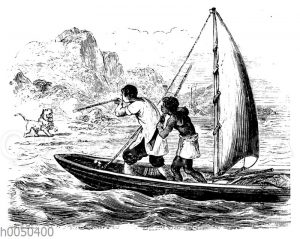Robinson Crusoe auf der Flucht mit einem Segelboot