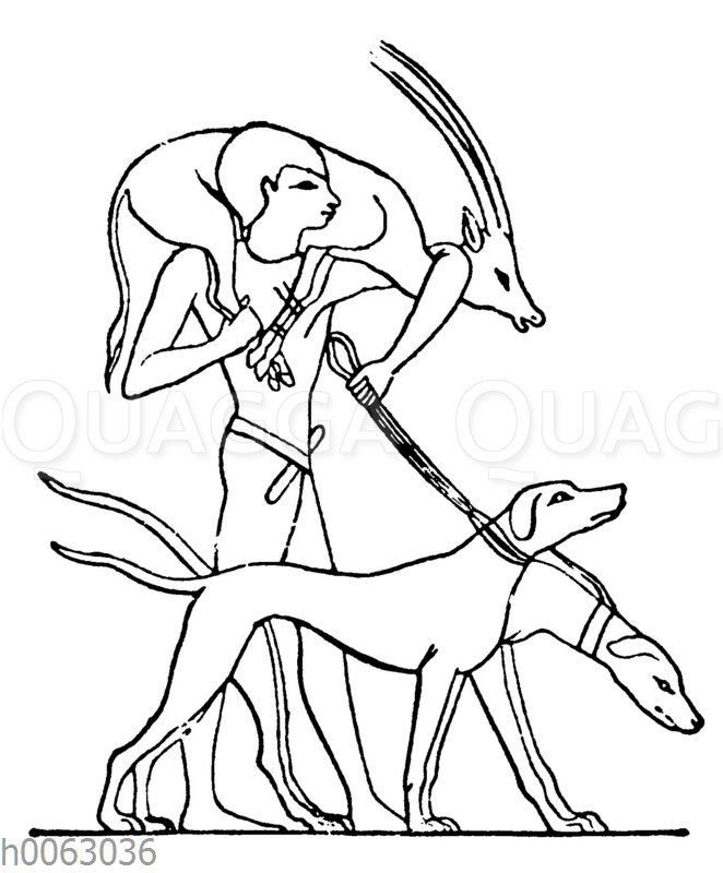 Jäger mit Hunden und erlegter Gazelle im alten Ägypten