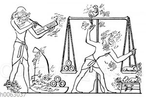 Wiegen von Goldringen mit Hilfe von tierformigen Gewichten im alten Ägypten