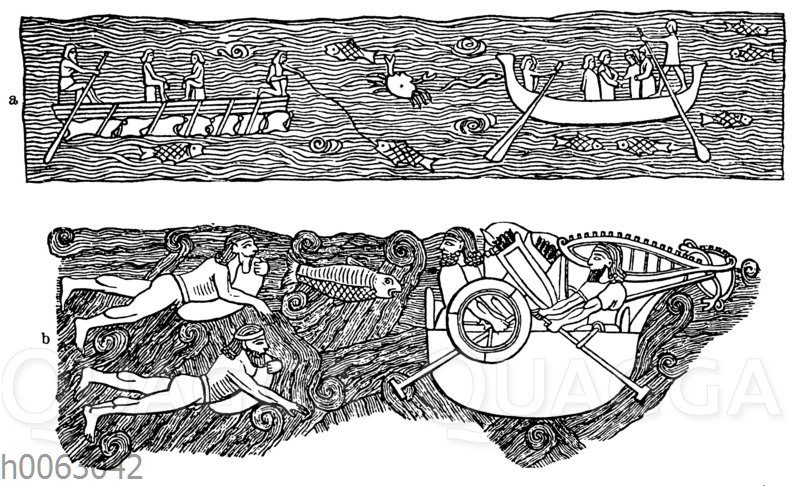 Flussübergang in einem Boot mit Schläuchen (oben) und Flussübergang auf Schläuchen (unten) im alten Assyrien
