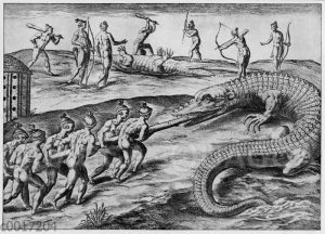 Krokodiljagd der Eingeborenen von Florida. Nach de Bry 'Brevis narratio'
