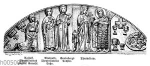 Langobardenkönigin Theudelinde bringt dem heiligen Johannes Weihgeschenke dar. Relief vom 595 von ihr gestifteten Dom zu Monza. Personen (von links): Agilulf (2. Ehemann Theudelindes)
