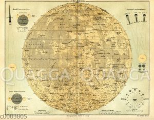 Karte des Mondes mit Schaubildern zur Mond- und zur Sonnenfinsternis