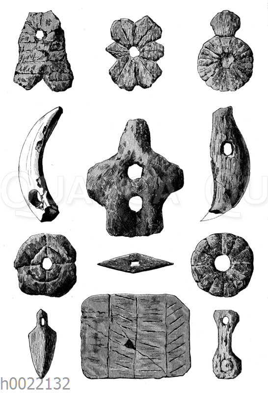 Tönerner und knöcherner Schmuck aus der jüngeren Steinzeit der Fränkischen Zeit