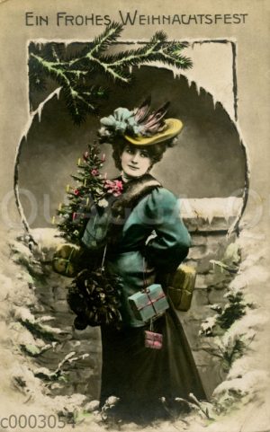 Weihnachtskarte: Dame mit kleinem Weihnachtsbaum