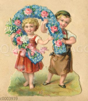 Glanzbild: Junge und Mädchen mit Hufeisen aus Vergissmeinnicht und Rosen