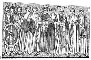 Der byzantinische Kaiser Justinian mit Gefolge