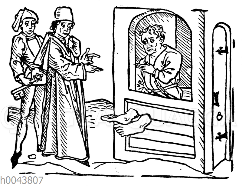 Gefangener im Fußblock. Mittelalterlicher Holzschnitt