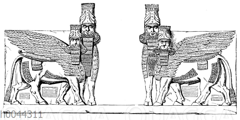 Stierkolosse am Portal des Palastes zu Khorsabad