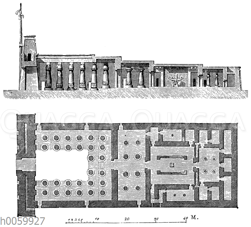 Tempel des Chunsu (Chons) zu Karnak. Längendurchschnitt und Grundriss