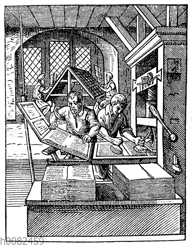 Inneres einer Buchdruckerei des 16. Jahrhunderts