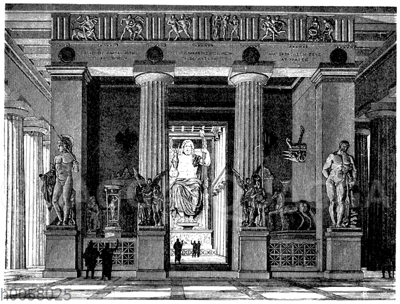 Das Innere vom Tempel des Zeus in Olympia mit der Kolossalstatue des Gottes