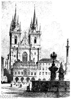 Teynkirche zu Prag mit Rathausbrunnen und Mariensäule