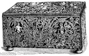 Stickerei mit Figuren und Ornament in applizierter Arbeit. Kästchen mit dem Monogramm der Diana von Poitiers