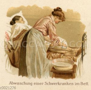 Wasserwendungen in der Krankenpflege: Abwaschung einer Schwerkranken in Bett