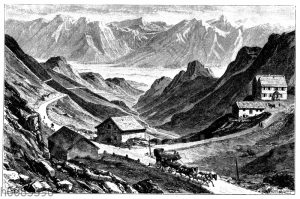 Paß mit Längstal und Quertal: Furkapaß (2400 m). In der Mitte der Quellbach der Reaiper Reuß, im Hintergründe das Urserental und Gottliardberge (Winterhorn) [Digital]