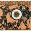 Schwarzfigurige Amphora des Exekias. Herakles im Kampf gegen den dreileibigen Geryoneus über dem gefallenen Eurytion