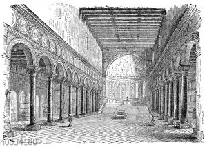Das Innere der Basilika St. Apollinare in Classe (Vorstadt von Ravenna). Erbaut unter Justinian (6. Jahrh.).