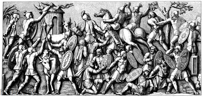 Zerstörung eines germanischen Dorfes durch römische Gruppen