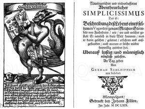 Titelkupfer und Titel des ersten Drucks des Simplicissimus vom Jahre 1669