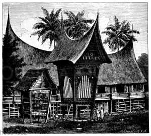 Wohnhaus und Vorratshäuser auf Sumatra (Padang)