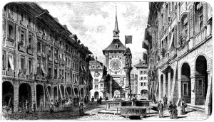 Straße in Bern mit dem Zeitglockenturm