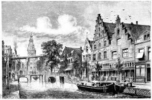 Kanal und Straße in Alkmar. (Bild einer altholländischen Stadt.)