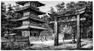 Shintotor (Torii) mit Pagode in Nikko (Japan)