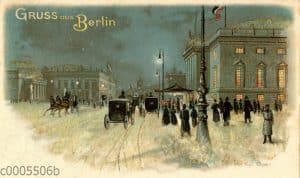 Postkarte: Gruß aus Berlin mit Opernhaus bei Nacht und Kutschen