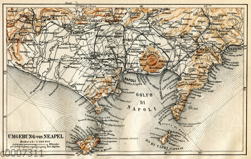 Umgebung von Neapel mit dem Vesuv auf einer Karte