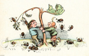 Max und Moritz schütteln Maikäfer vom Baum